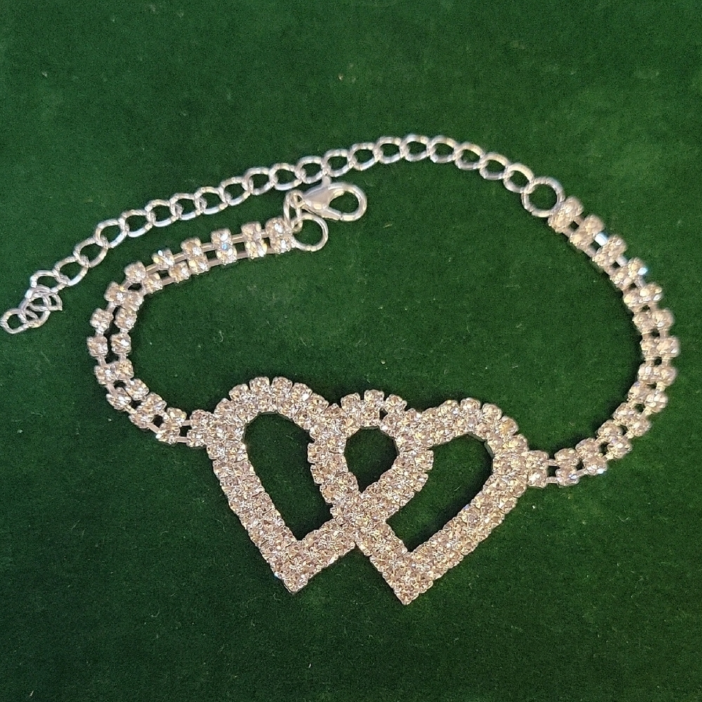 Rhinestone Silver Tone Double Heart Bracelet 7"+4" Ext New